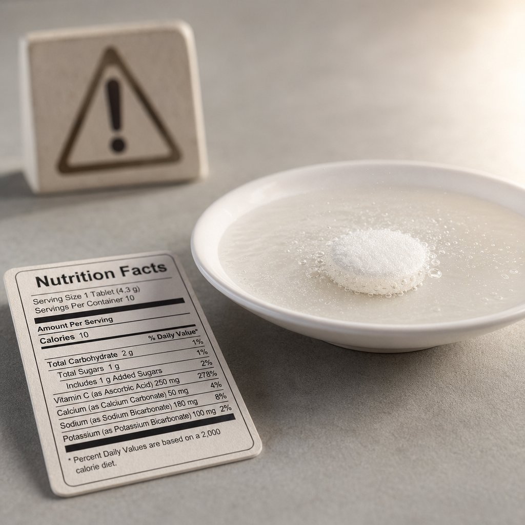 an effervescent tablet alongside a nutrition label highlighting the importance of checking sodium and additive content