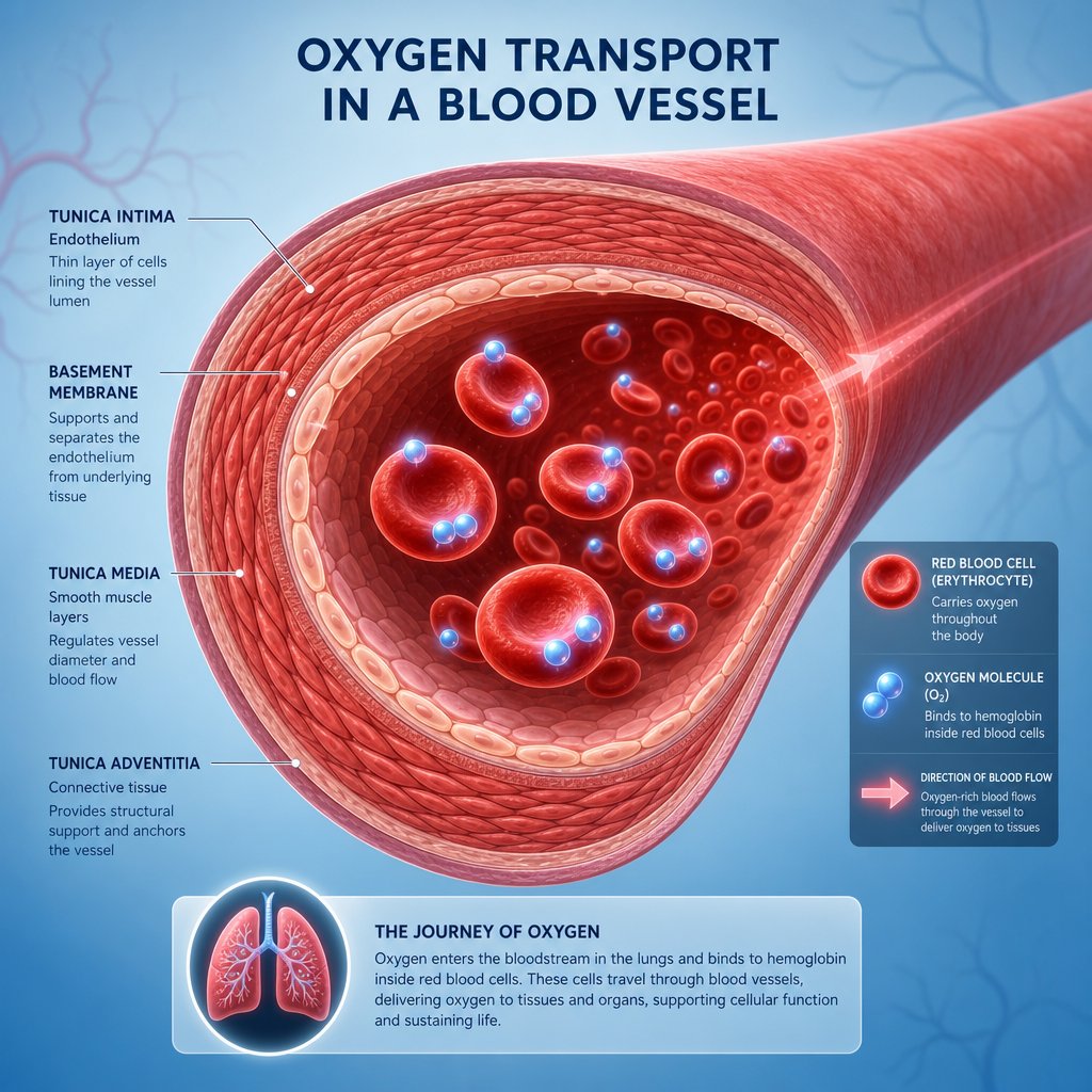 red blood cells carrying oxygen through a blood vessel illustrating how iron supports cardiovascular oxygen delivery