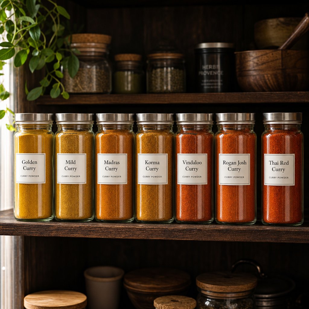 properly stored and labeled homemade curry powder blends ready for everyday cooking