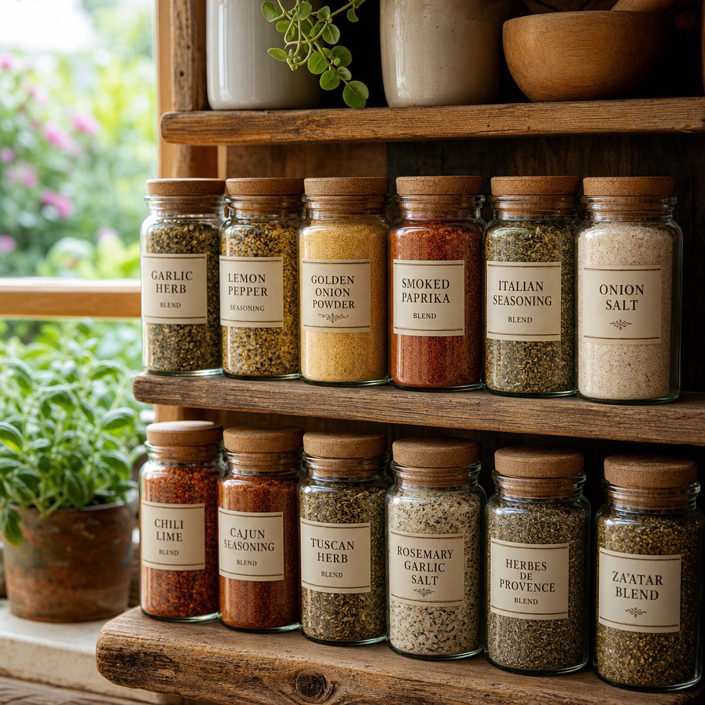custom seasoning blends made with homemade onion powder stored in labeled glass jars