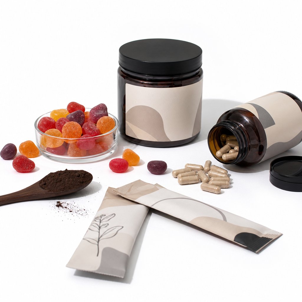 commercial cacao health product formats including powder blends capsules and gummies