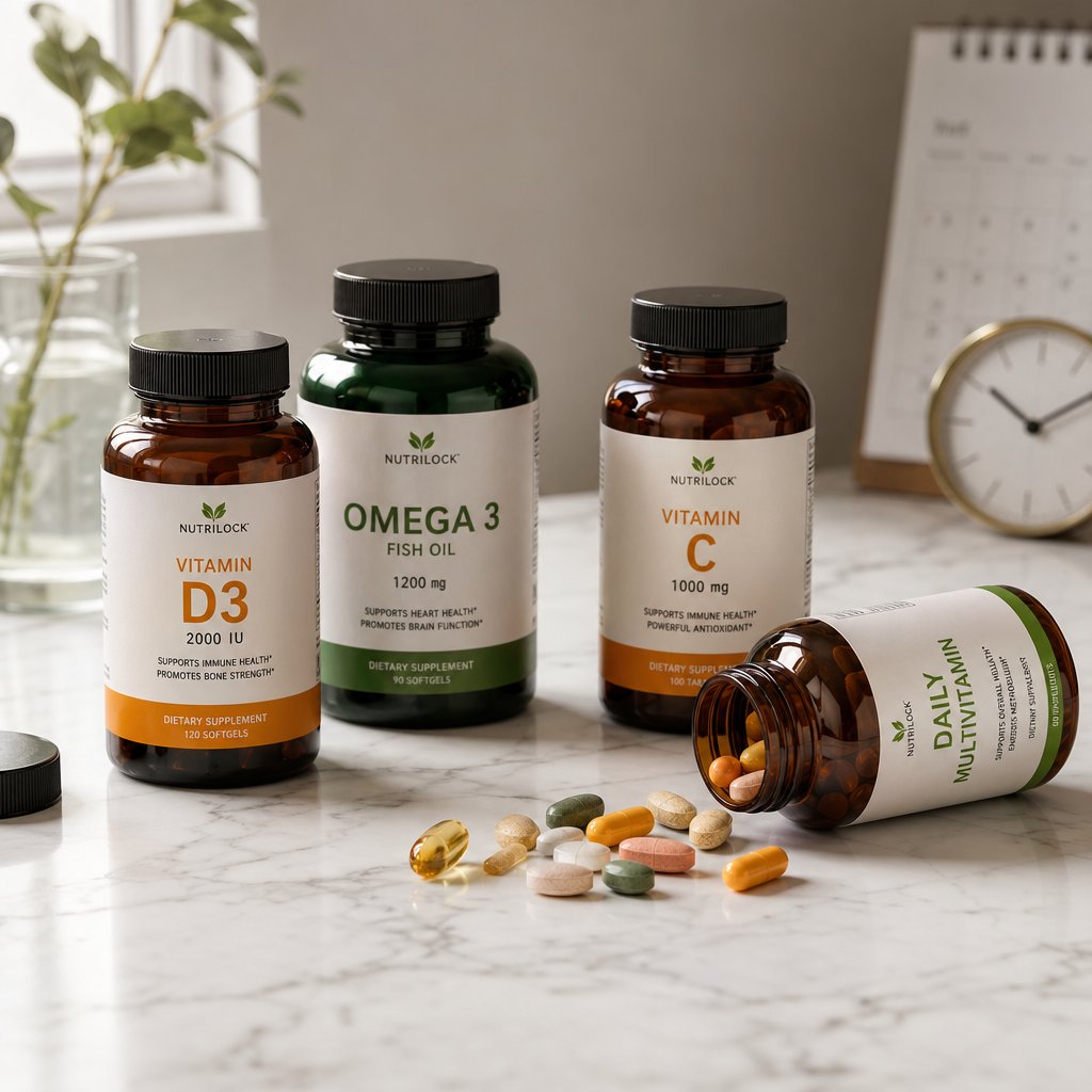 vitamin tablets on a countertop illustrating the question of supplement expiration and shelf life