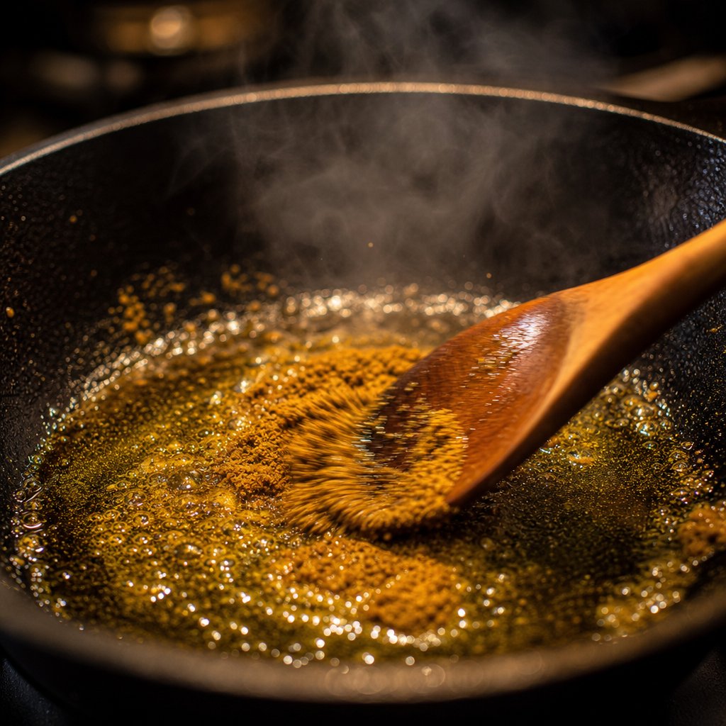 blooming curry powder in hot oil to unlock deep aromatic flavor