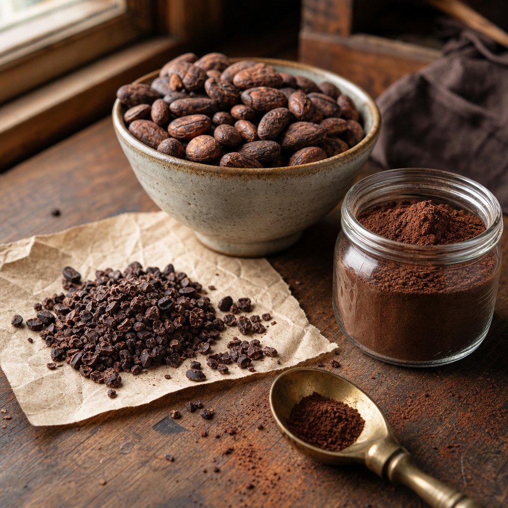 from whole cacao beans to fine homemade powder on a rustic kitchen workspace