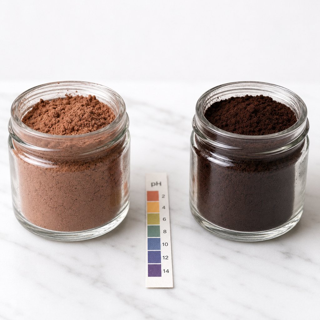 natural cocoa powder versus dutch processed cocoa showing the visible color difference caused by alkalization