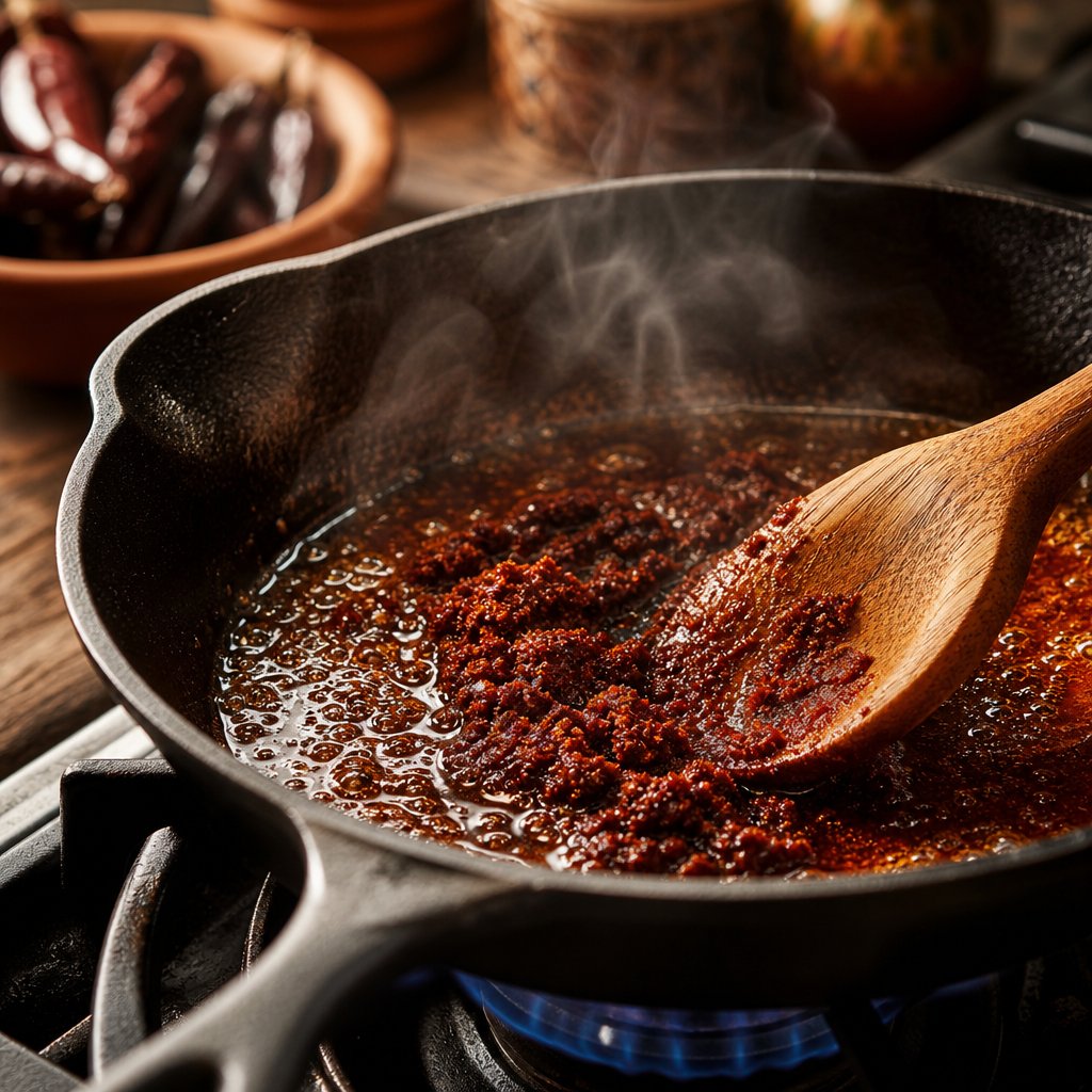 blooming ancho chili powder in hot oil to release its smoky sweet aromatic compounds before building a dish