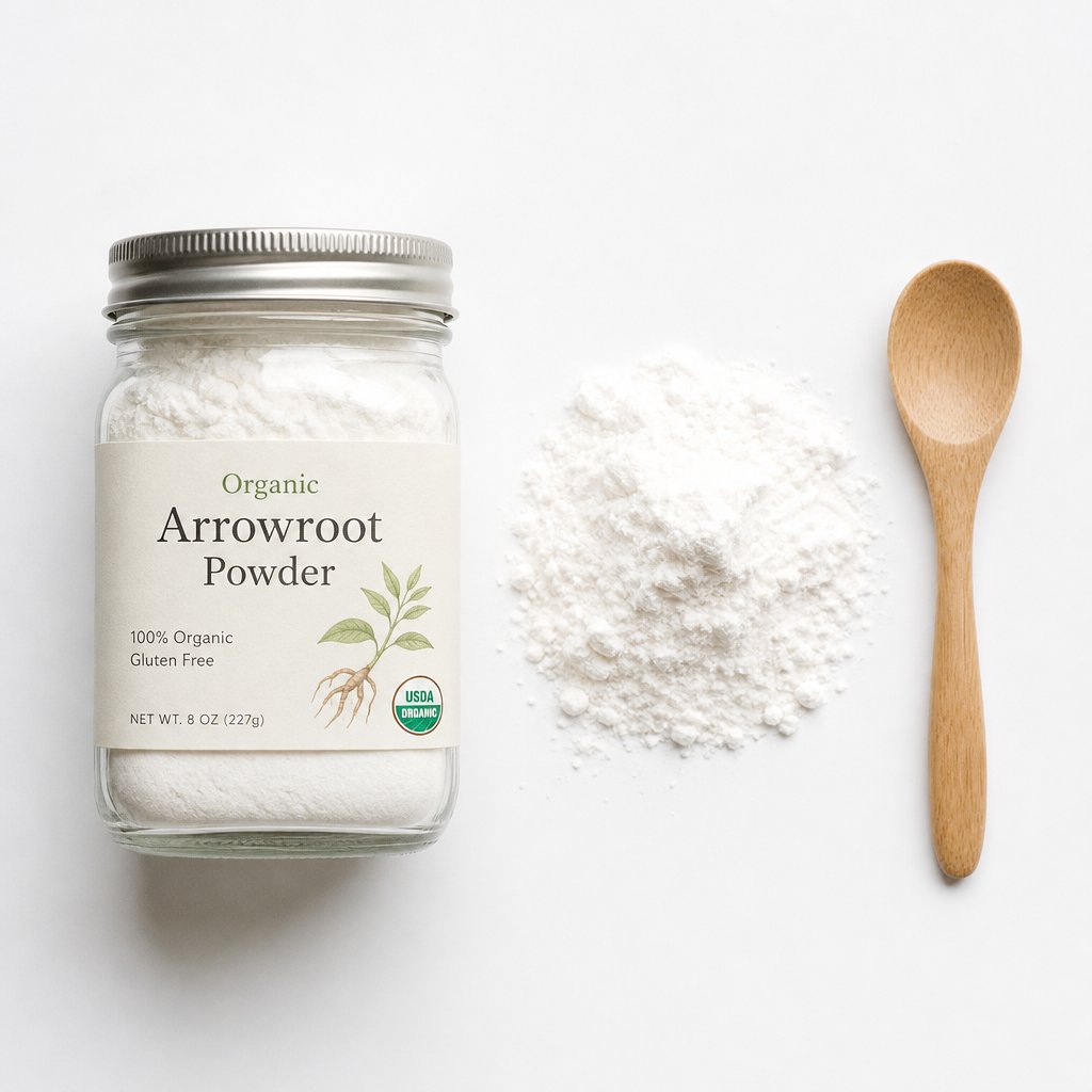 quality arrowroot powder stored in an airtight glass container to maintain freshness and extend shelf life