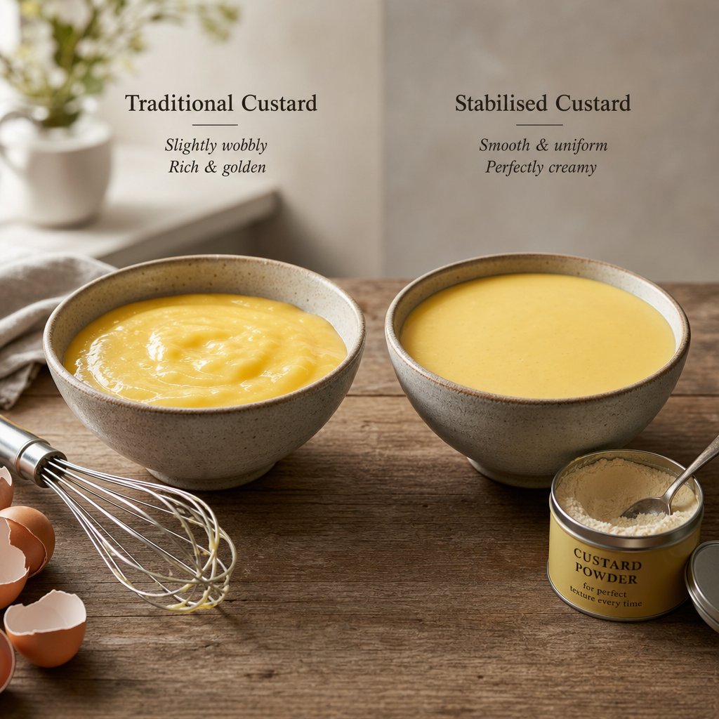 egg custard and powder custard achieve similar results through fundamentally different thickening mechanisms