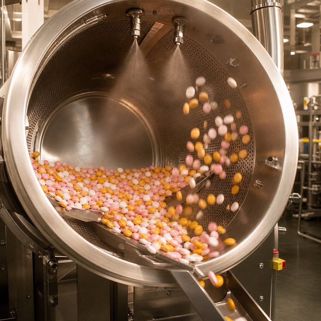 tablets tumbling inside a perforated pan coater as a fine polymer coating is applied evenly