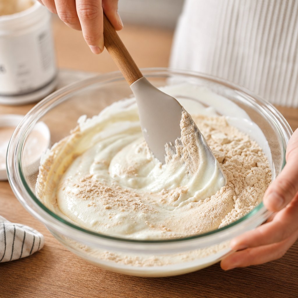 using the fold and stir technique to blend protein powder into yogurt without clumps