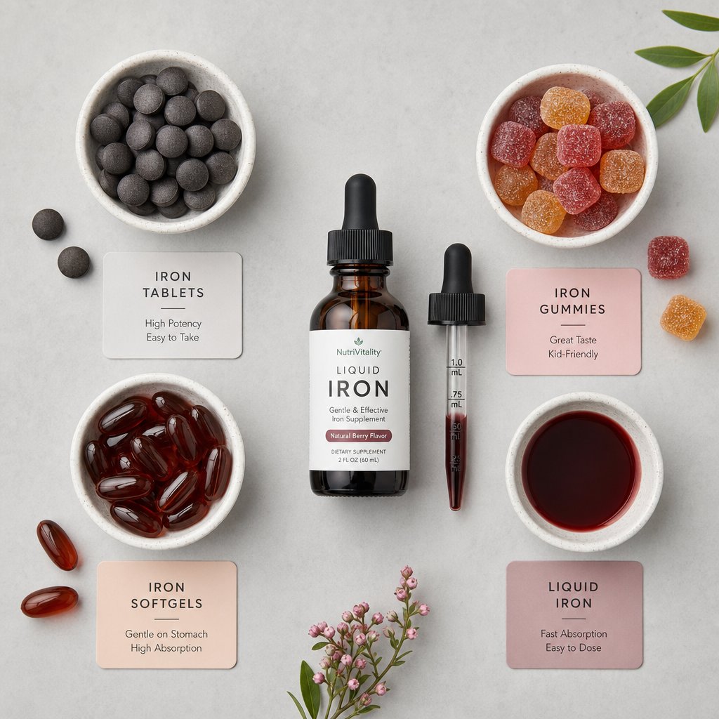different iron supplement formats from traditional tablets to gummies and liquids offer varying levels of stomach tolerance