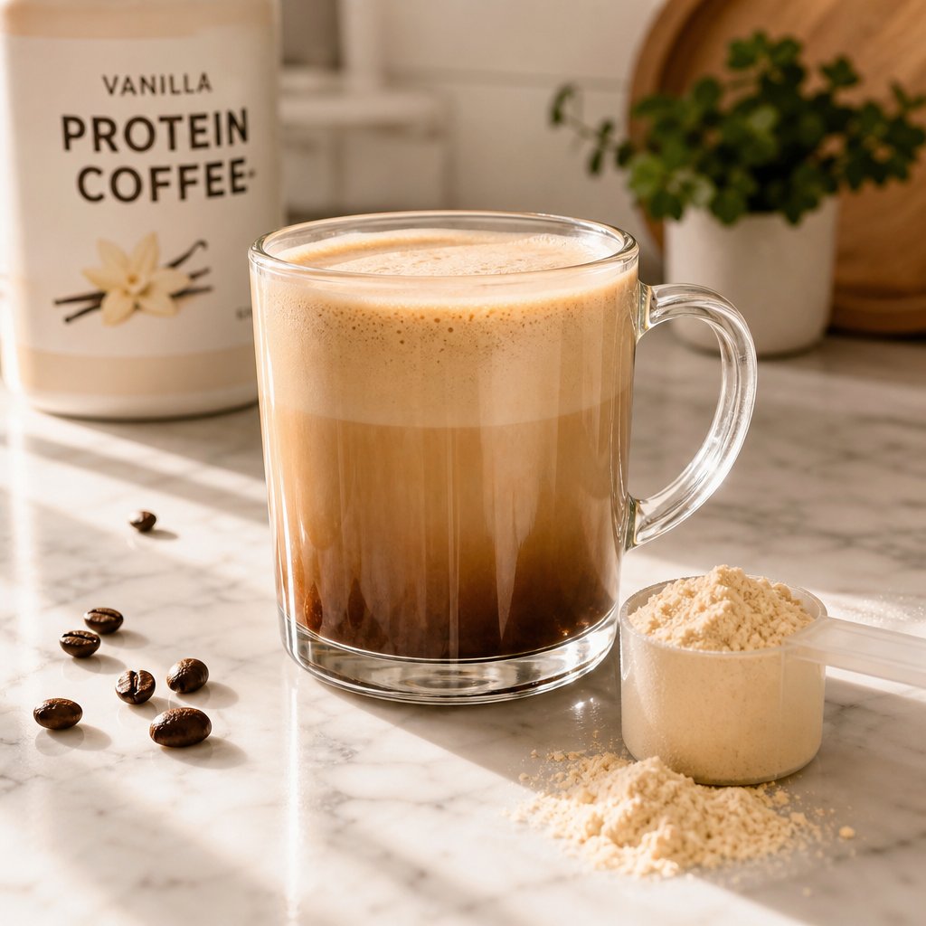 protein powder mixed into coffee creates a smooth latte like drink when prepared with the right technique