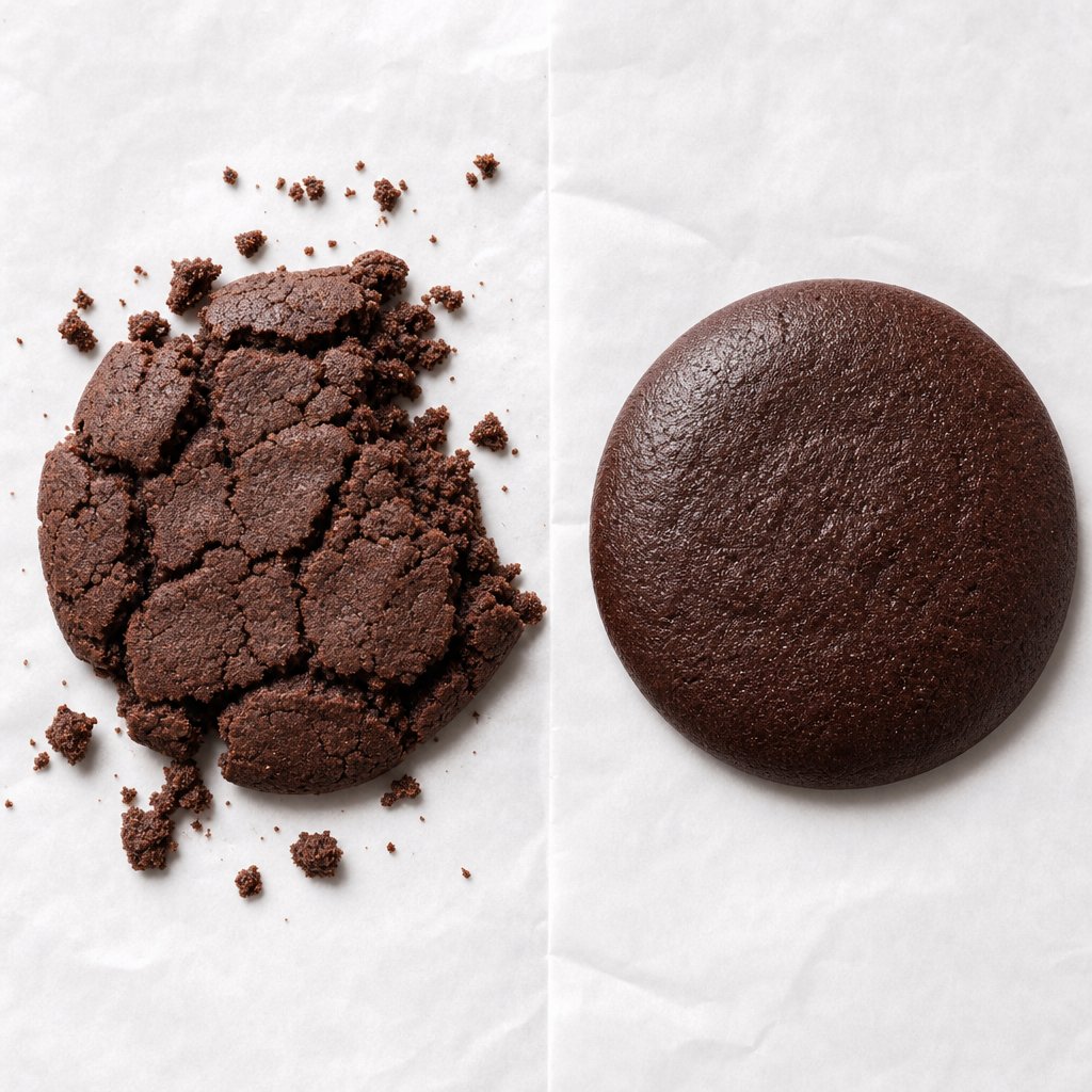 comparing a dry crumbly black cocoa cookie with a properly hydrated version showing correct texture