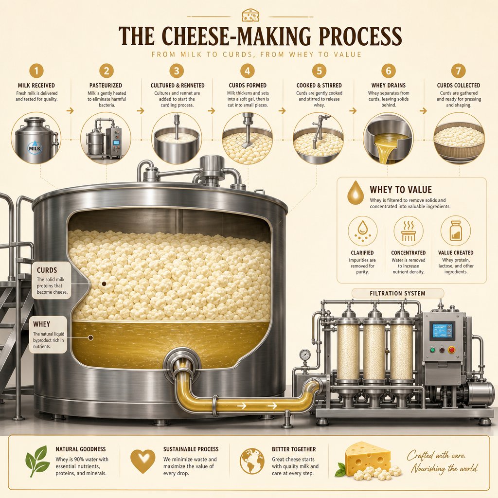 liquid whey separating from curds during cheese production the first step in whey protein extraction