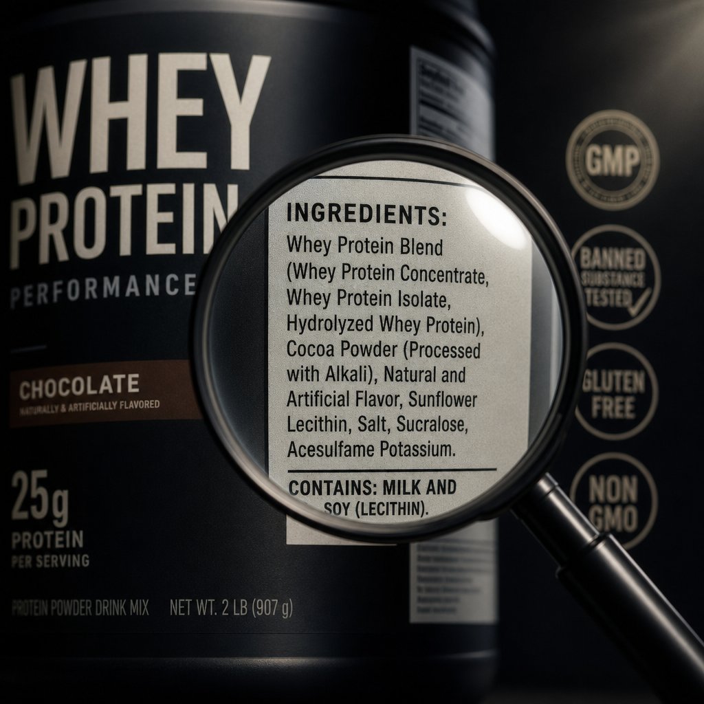 examining a protein powder label for quality indicators and third party certifications