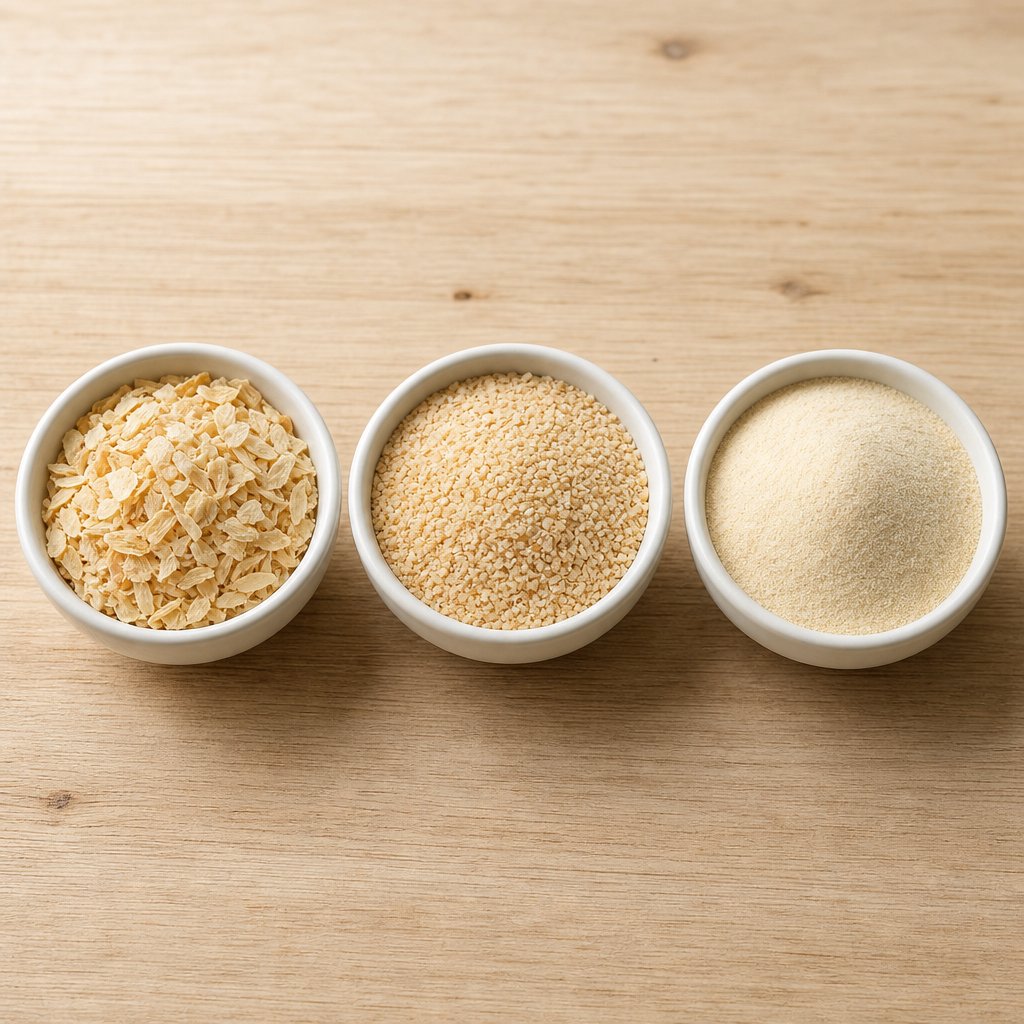 three grind levels of dried onion side by side flakes granules and fine powder each suited to different cooking applications