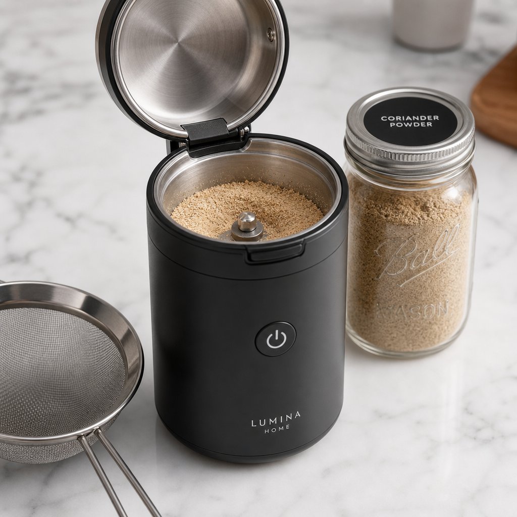 an electric spice grinder and fine mesh strainer are the essential tools for achieving smooth homemade protein powder