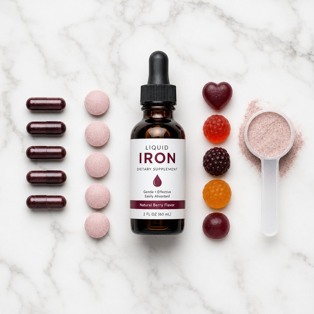 iron supplements come in multiple formats including tablets capsules liquids gummies and powders each with different absorption and tolerability profiles