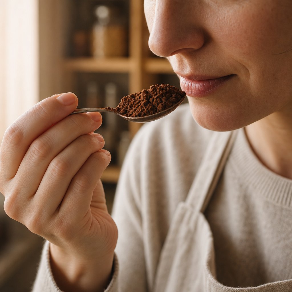 performing a smell test on cocoa powder to check for freshness before using it in a recipe