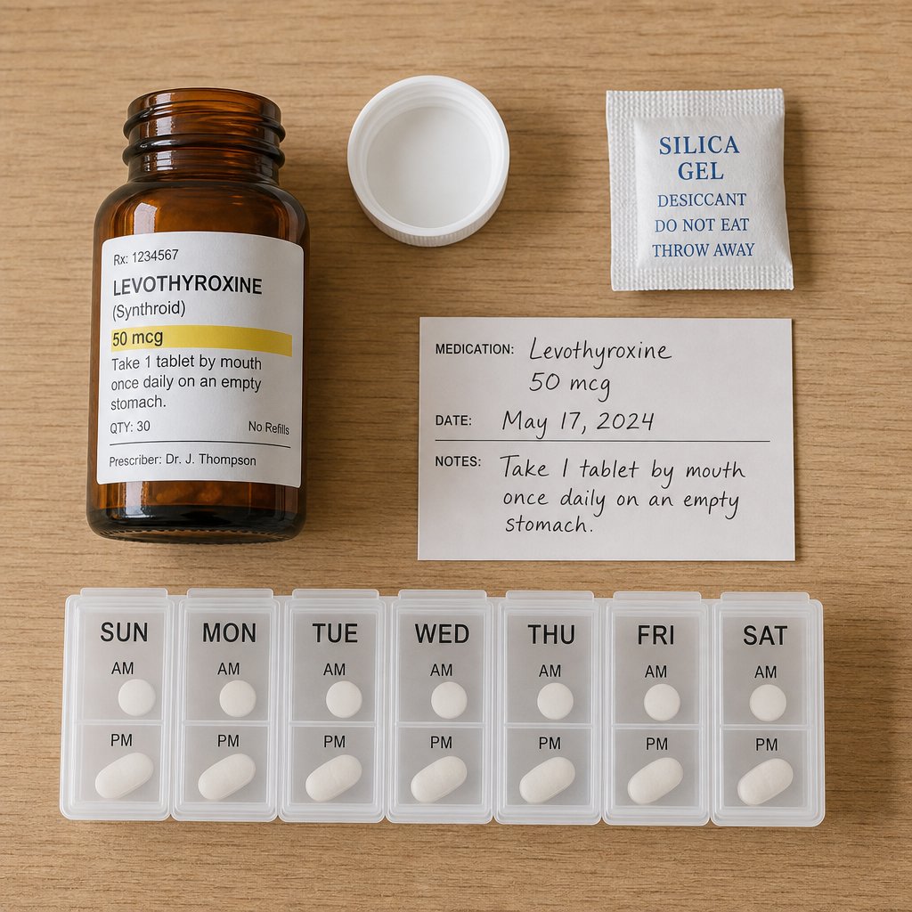 proper storage supplies for split tablets including amber bottle desiccant and labeled organizer