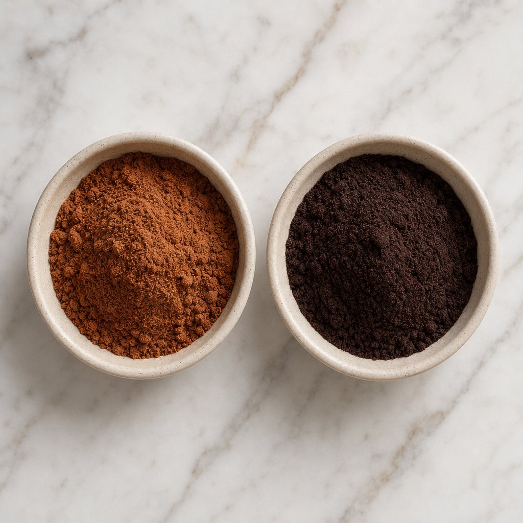 natural cocoa powder and dutch process cocoa powder side by side showing their distinct color differences