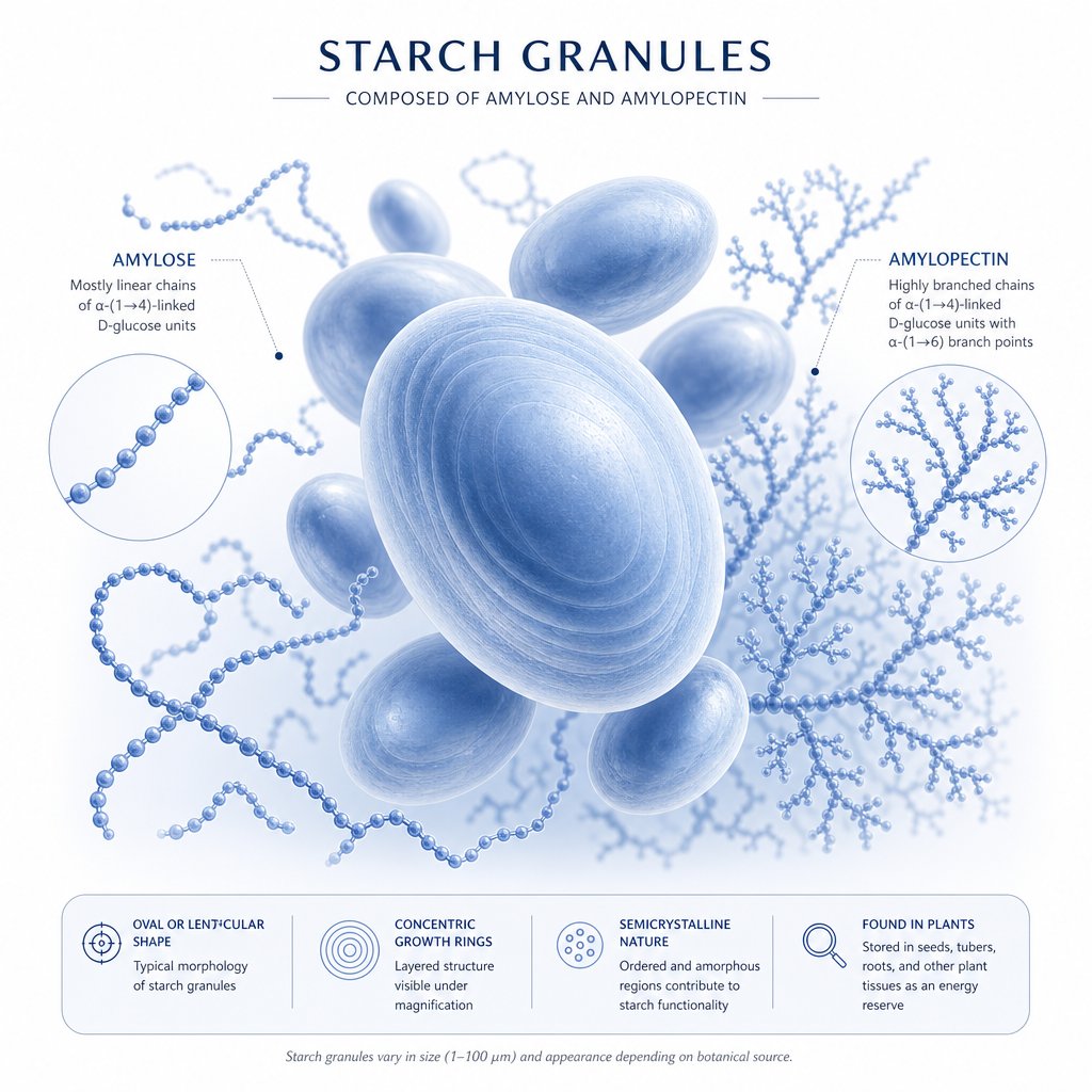 arrowroot starch granules with their characteristic amylose and amylopectin molecular structures