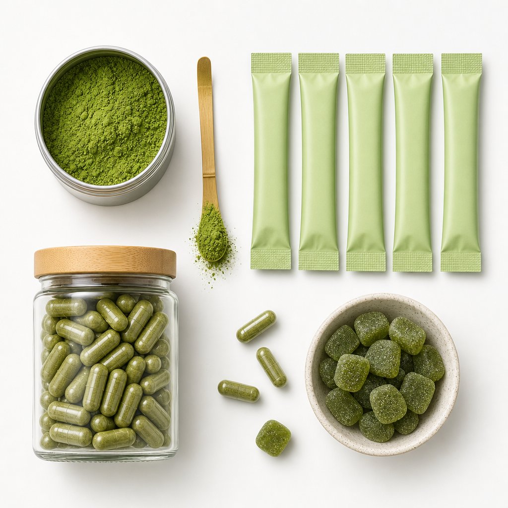 various matcha product formats including loose powder sachets capsules and gummies each offering different levels of caffeine control and convenience
