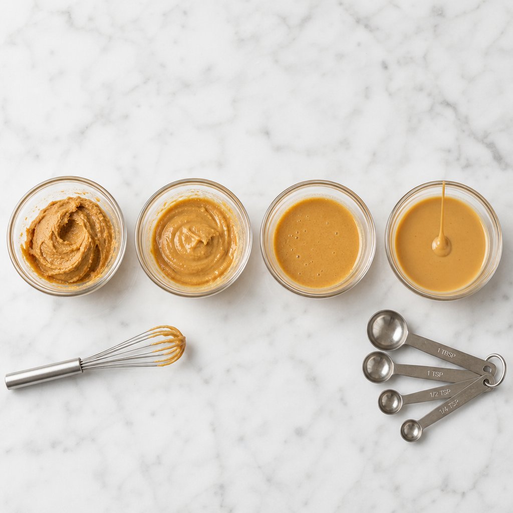 four different peanut butter powder consistencies from thick spread to thin drizzle for various recipes