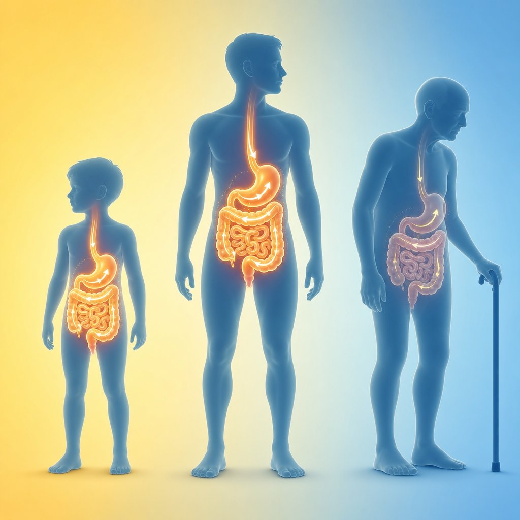 age related changes in stomach acid motility and blood flow alter how quickly tablets dissolve and absorb across different life stages