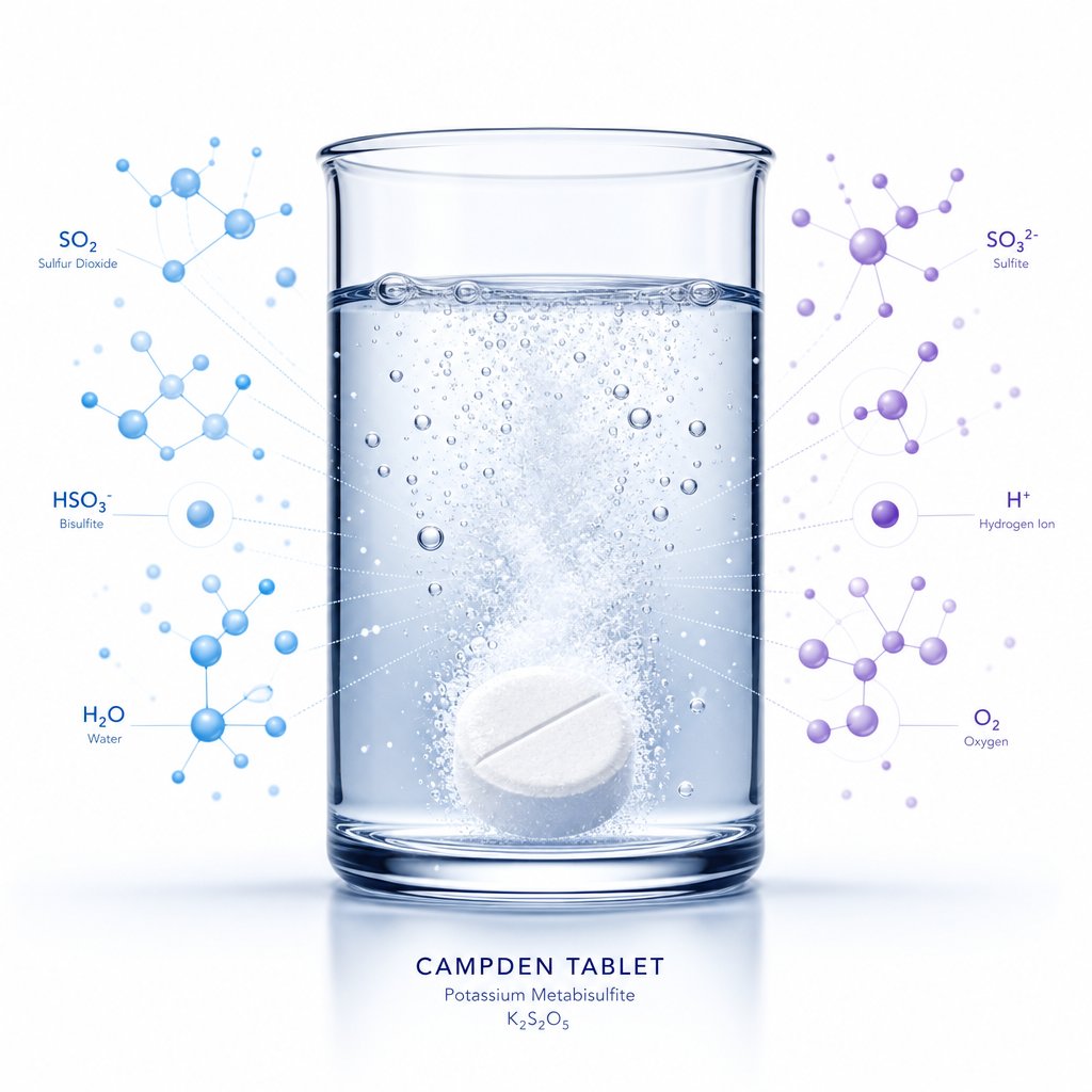 sulfur dioxide molecules released as a campden tablet dissolves in liquid