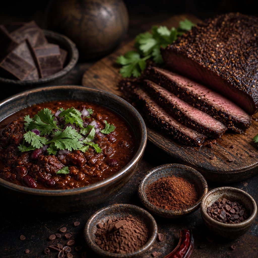cacao powder enhancing savory dishes including chili and spice rubbed steak