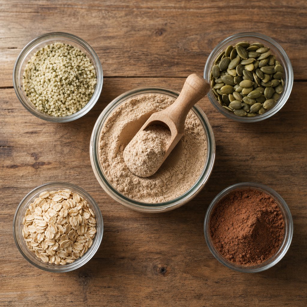 whole food ingredients like hemp seeds pumpkin seeds and oats ready to be ground into homemade protein powder
