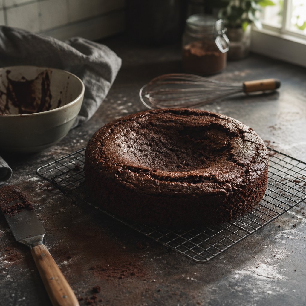 a sunken chocolate cake showing what happens when cocoa type and leavening agent are mismatched