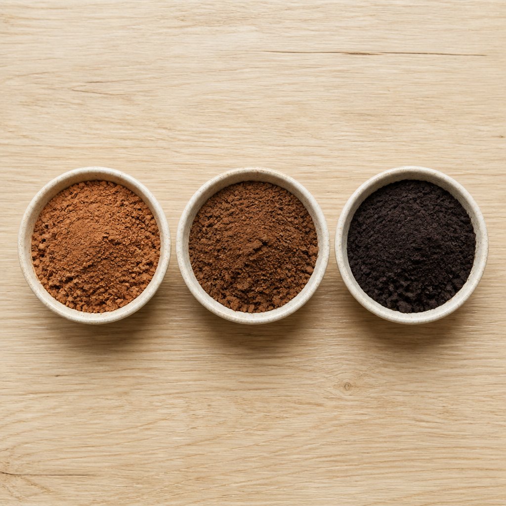 visual comparison of natural dutch process and black cocoa powder color differences