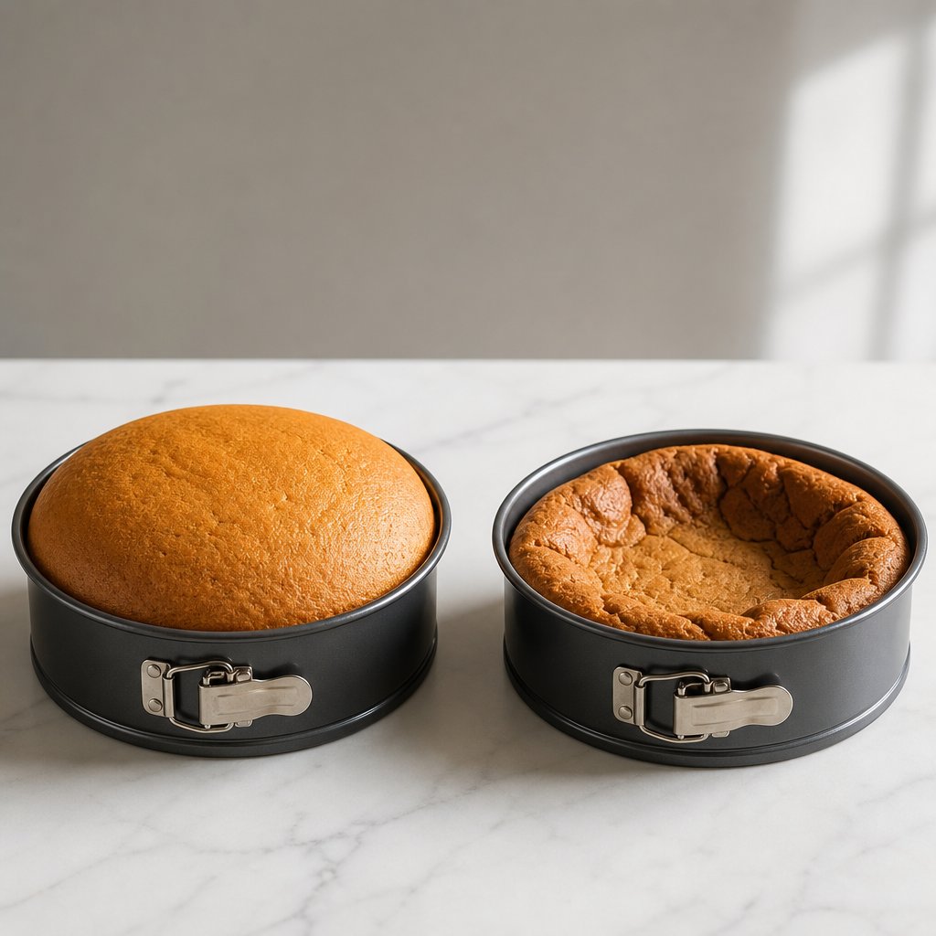 a properly leavened cake versus a collapsed one shows the visible impact of using the wrong leavener or incorrect amounts