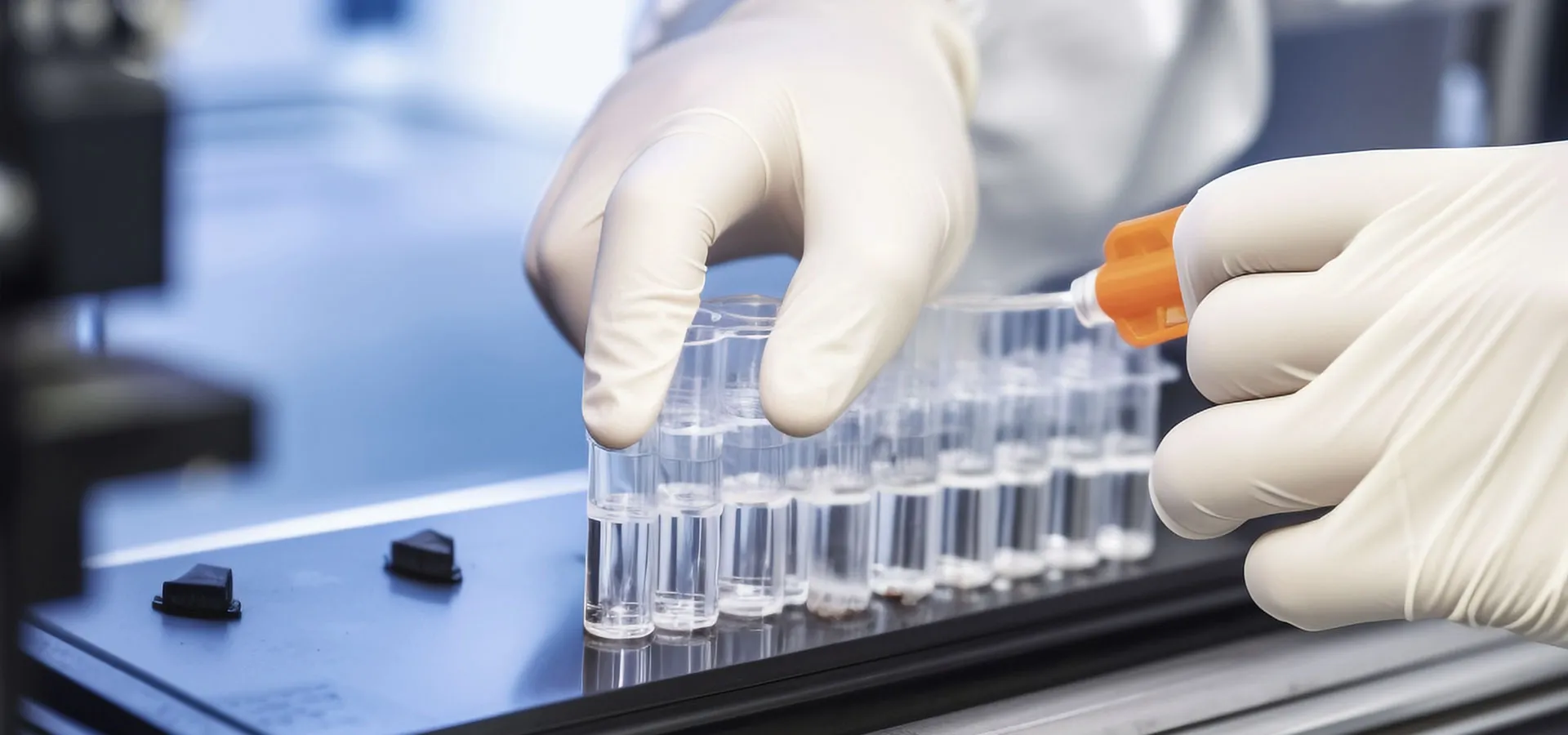 Researcher wearing gloves handling test tubes in a biotechnology laboratory