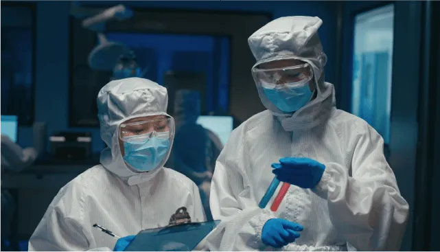 Laboratory technicians collaborating on research with test tubes